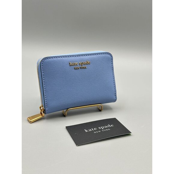 Kate Spade New York Morgan Kingfisher Blue Saffiano Leather Zip Card Case Wallet - Picture 1 of 15